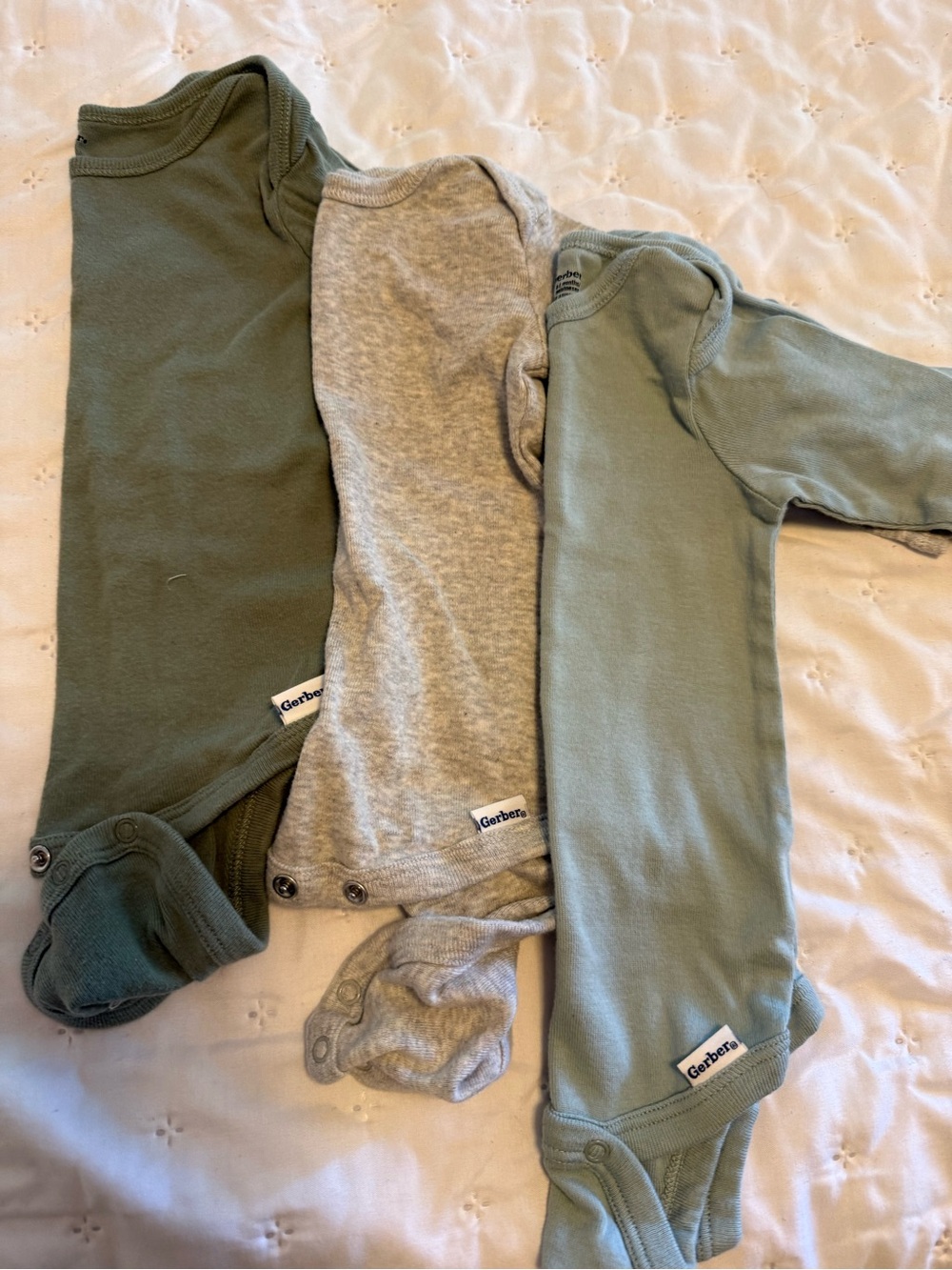 Gerber Three-Pack Long-Sleeve Bodysuits in Olive, Heather Gray, Sage-NWOT